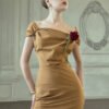 Maeve Sheath Off-Shoulder Khaki Silk Midi Dress - Image 4