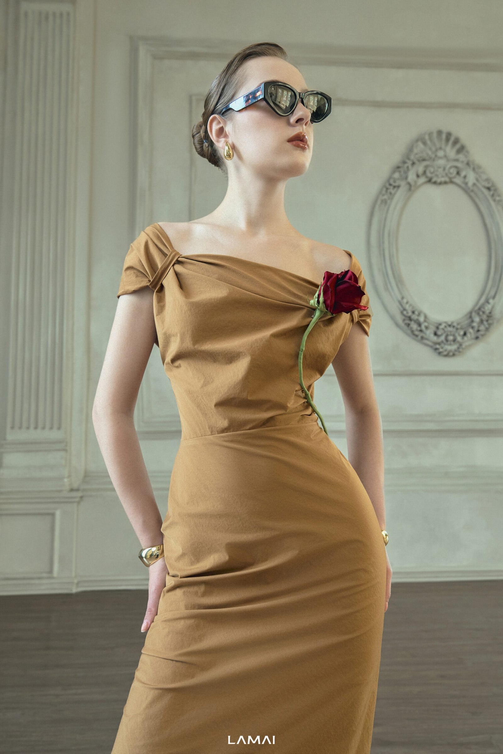 Maeve Sheath Off-Shoulder Khaki Silk Midi Dress - Image 4