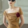 Maeve Sheath Off-Shoulder Khaki Silk Midi Dress - Image 5