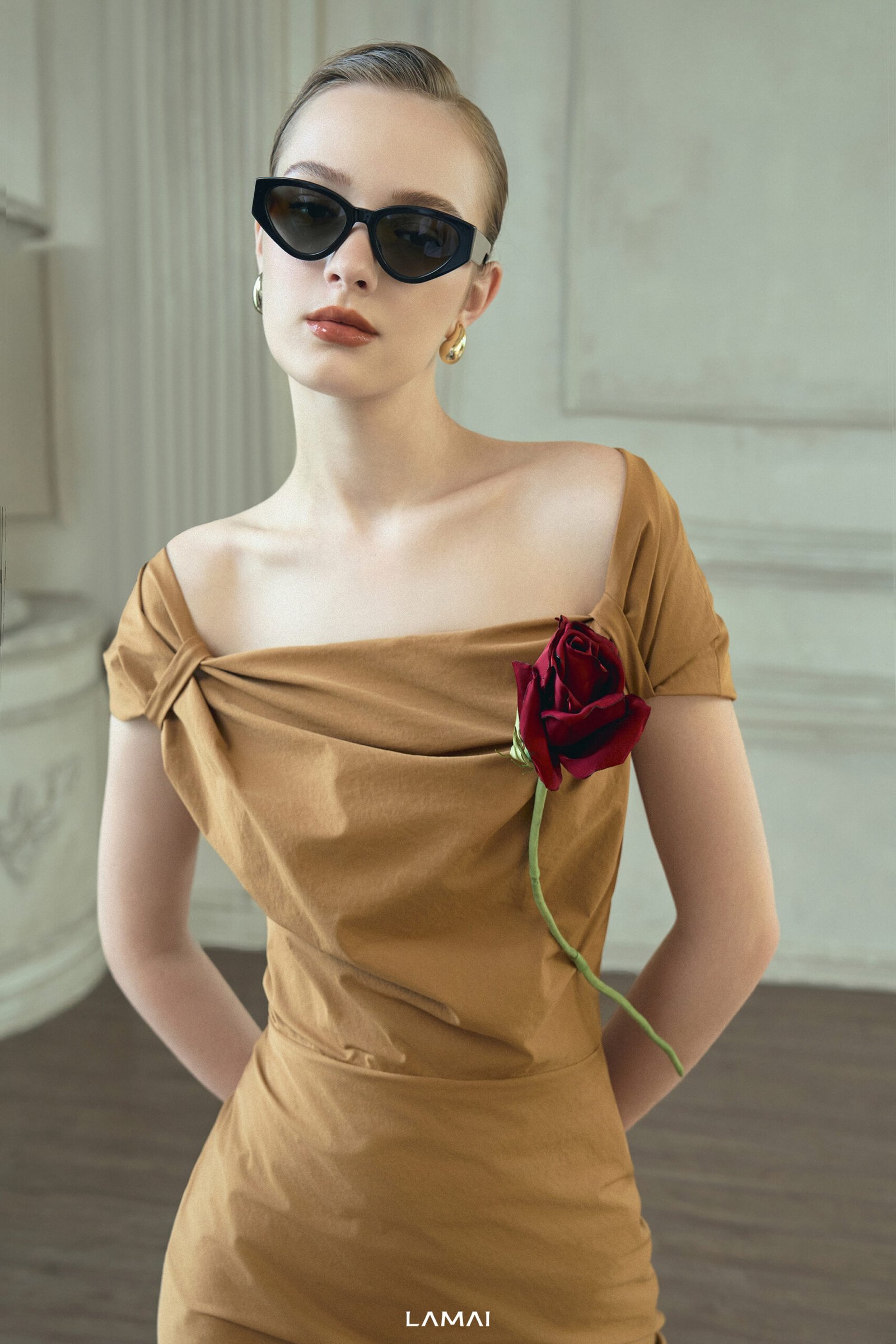 Maeve Sheath Off-Shoulder Khaki Silk Midi Dress - Image 5