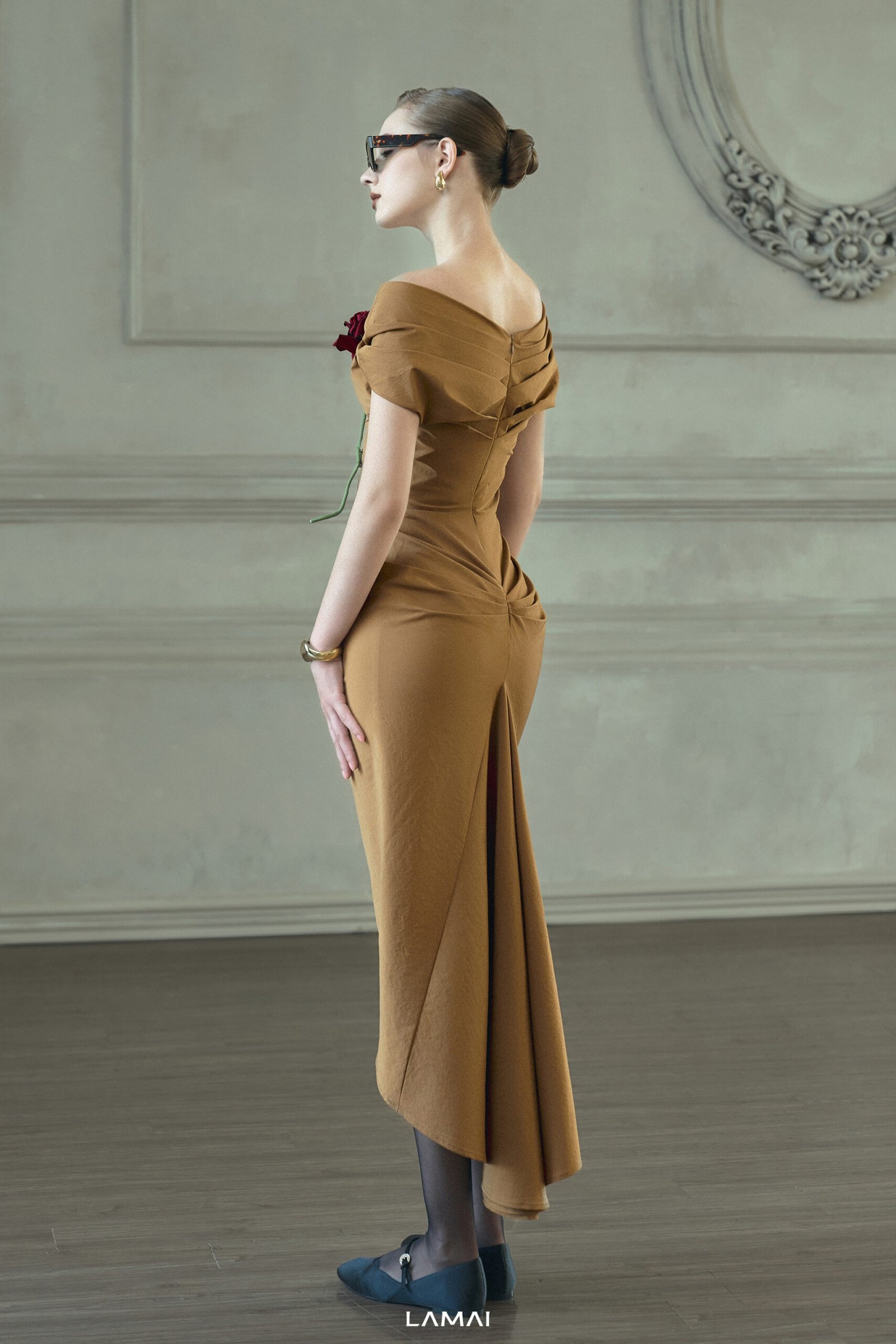 Maeve Sheath Off-Shoulder Khaki Silk Midi Dress - Image 6