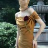 Maeve Sheath Off-Shoulder Khaki Silk Midi Dress - Image 3