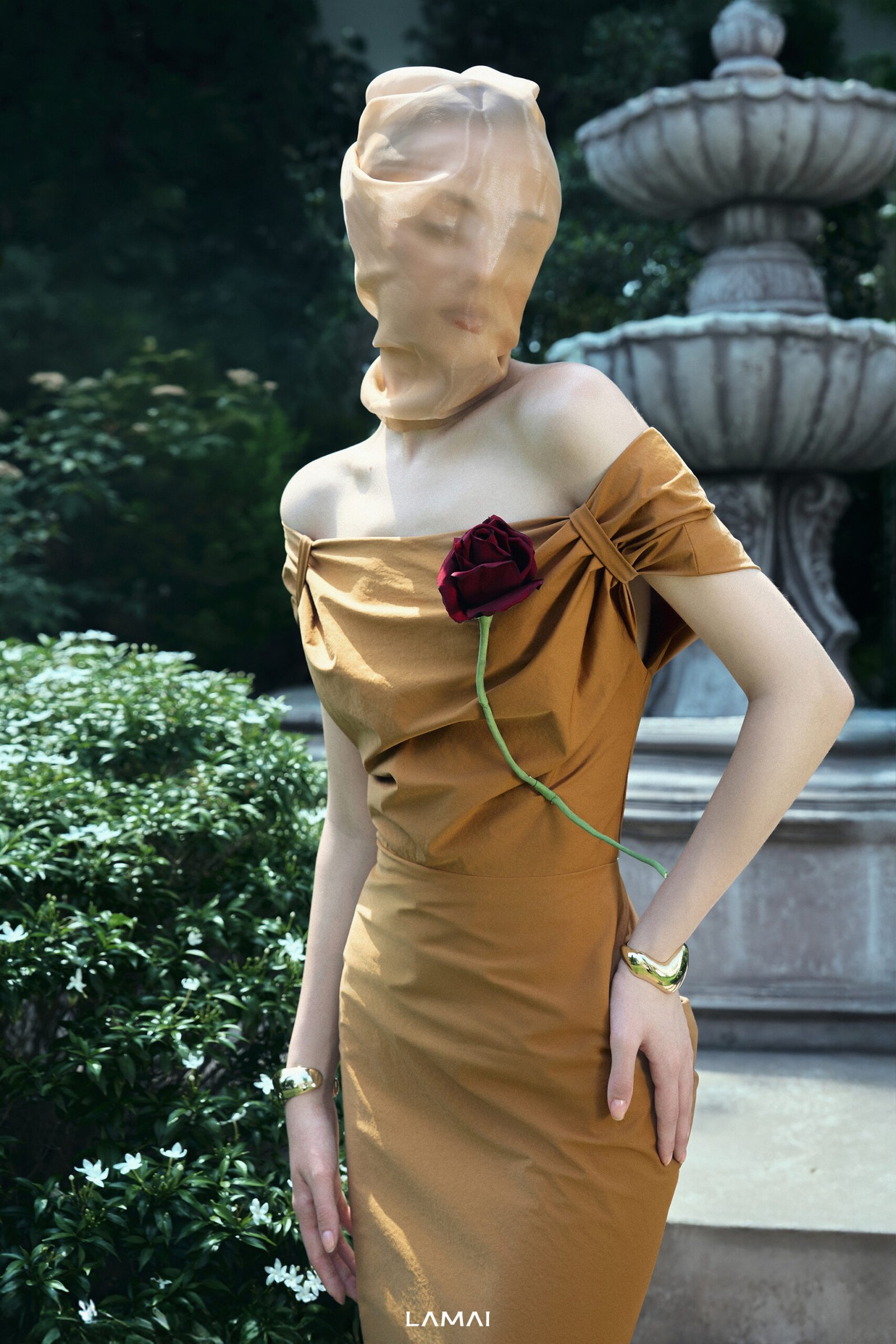 Maeve Sheath Off-Shoulder Khaki Silk Midi Dress - Image 3