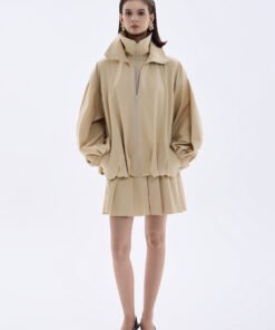 Clara A-line Pleated Khaki Silk Mini Skirt