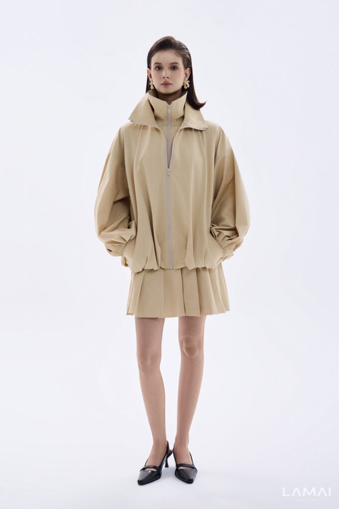 Clara A-line Pleated Khaki Silk Mini Skirt
