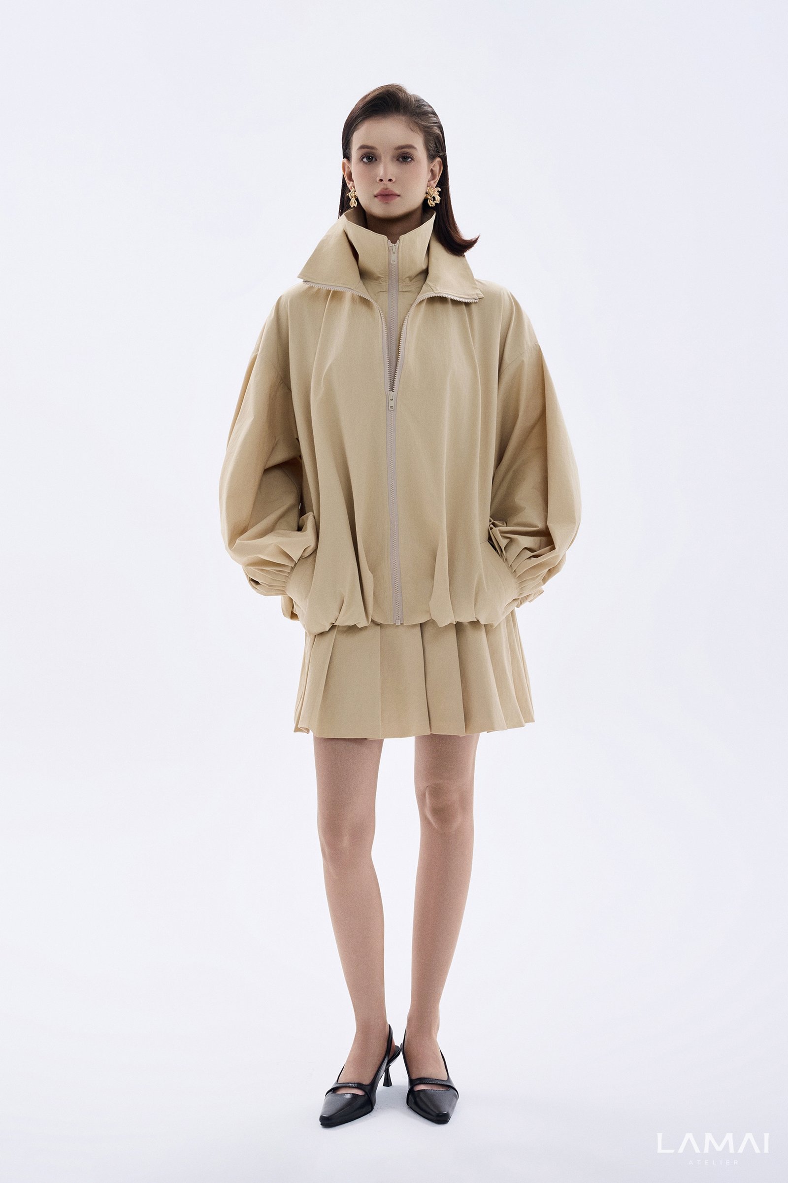 Clara A-line Pleated Khaki Silk Mini Skirt