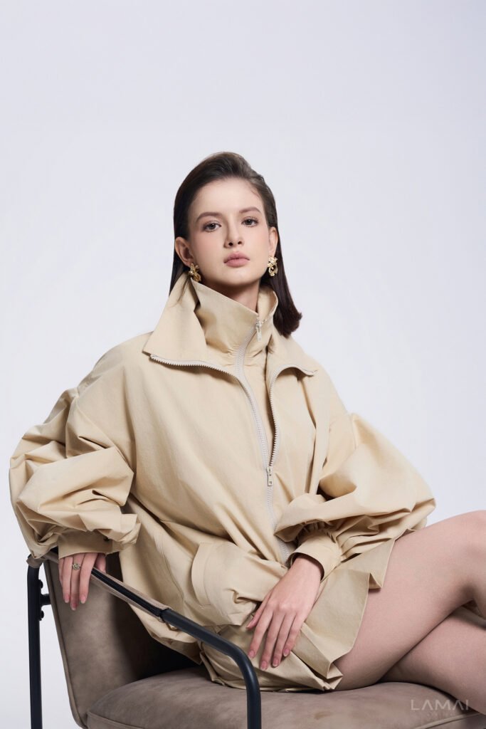 Clara Blouson Cuff Sleeved Khaki Silk Jacket