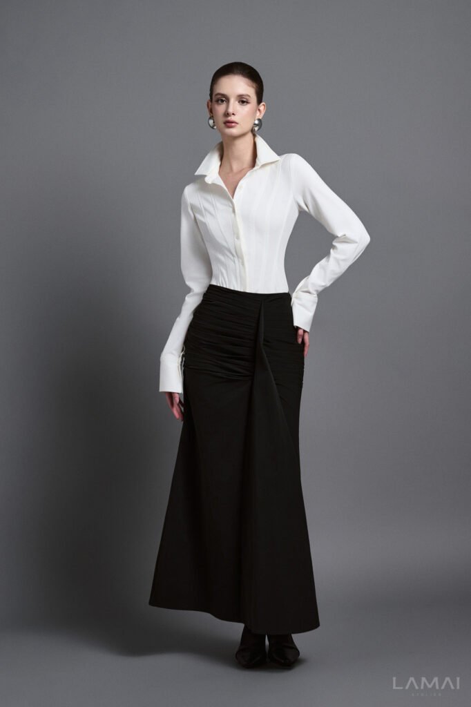 Seren Mermaid Draped Khaki Silk Maxi Skirt