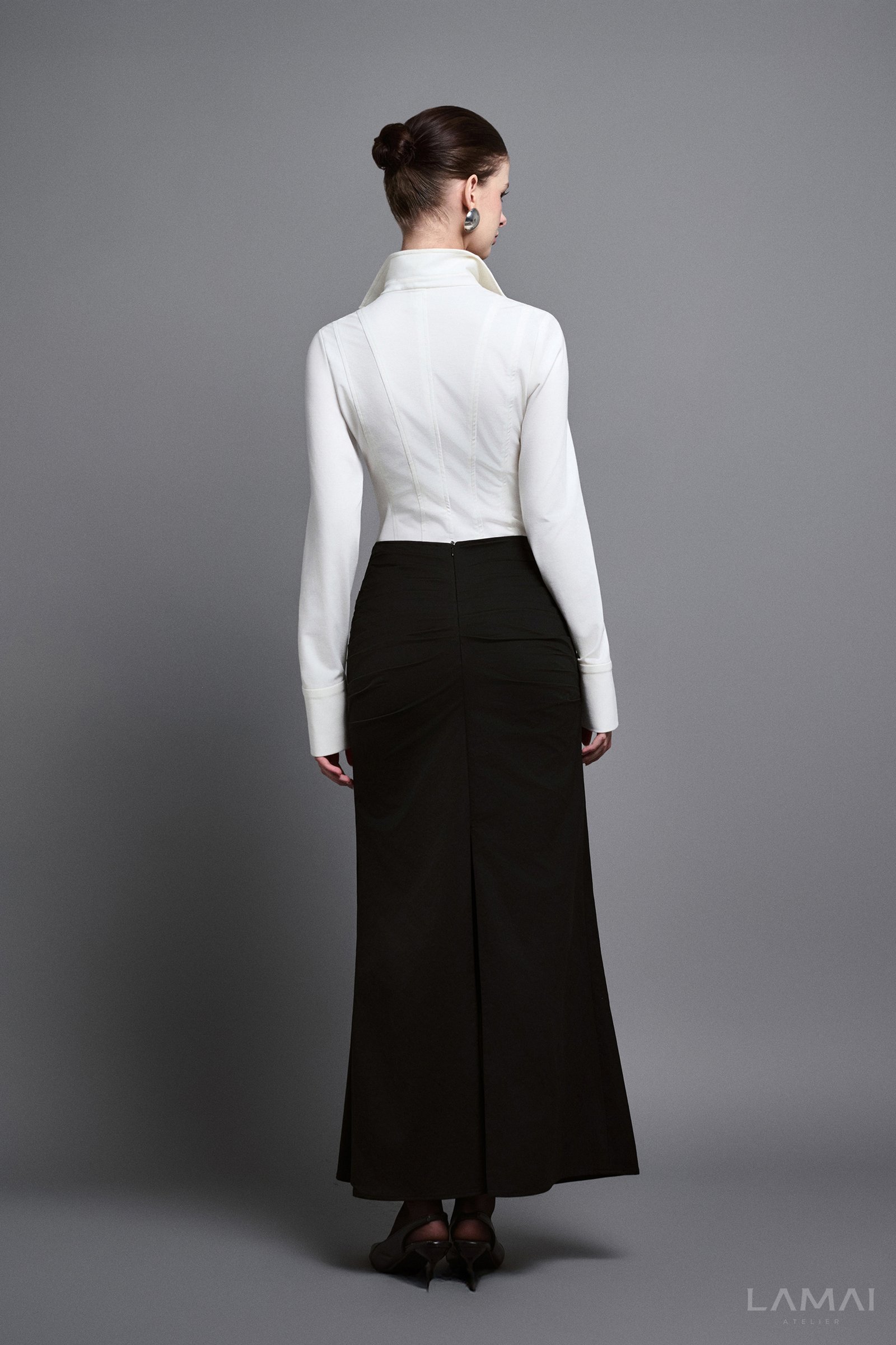 Seren Mermaid Draped Khaki Silk Maxi Skirt - Image 3