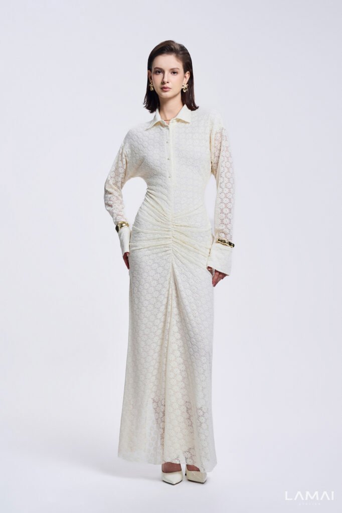 Elise Sheath Gathered Lace Maxi Dress