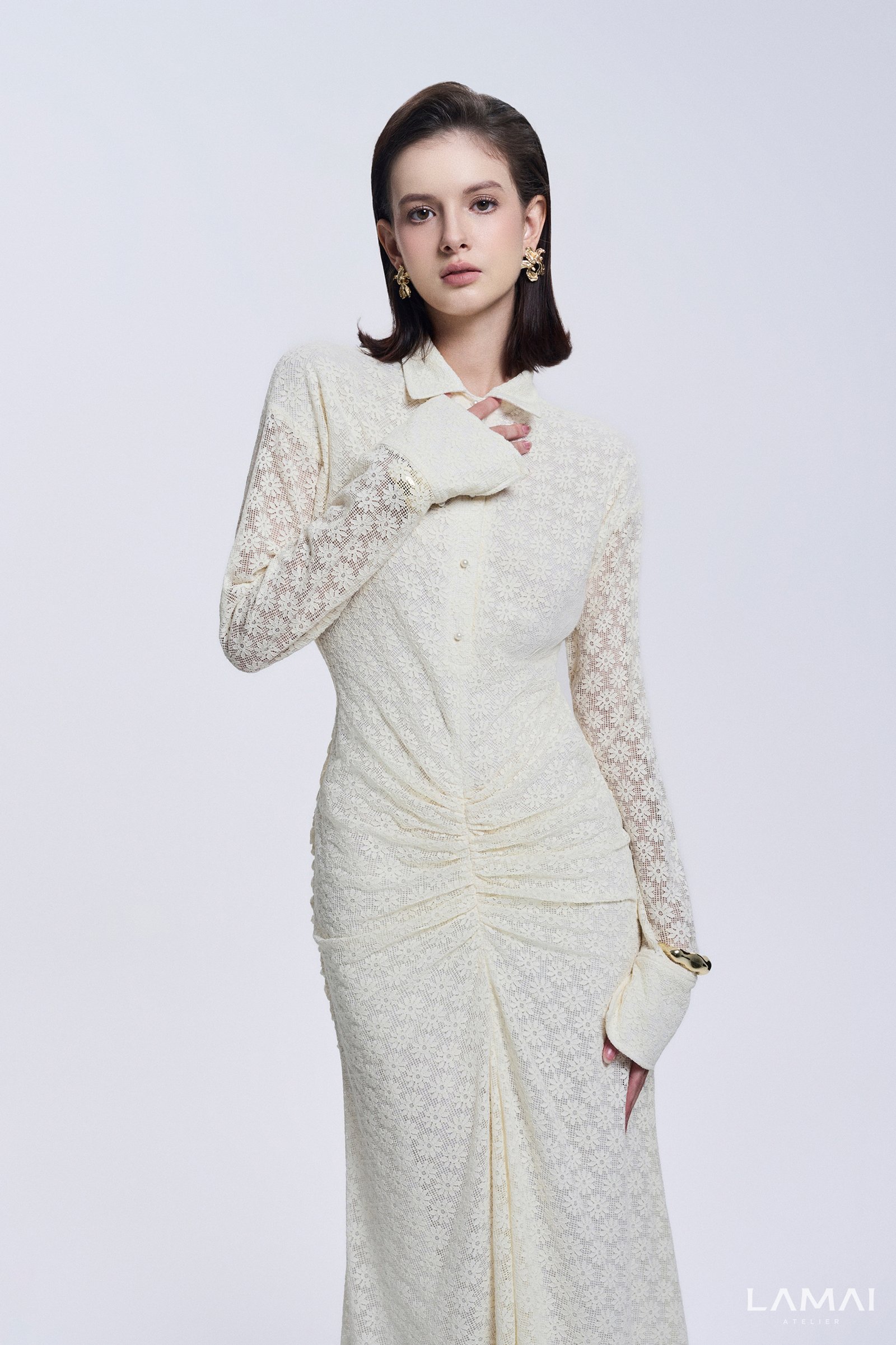 Elise Sheath Gathered Lace Maxi Dress - Image 3
