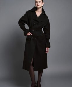 Arden Straight Patch Pocket Khaki Silk Knee-length Trench Coat