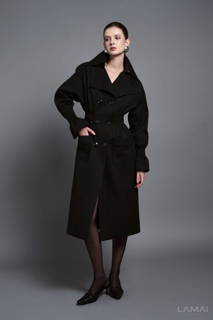 Arden Straight Patch Pocket Khaki Silk Knee-length Trench Coat