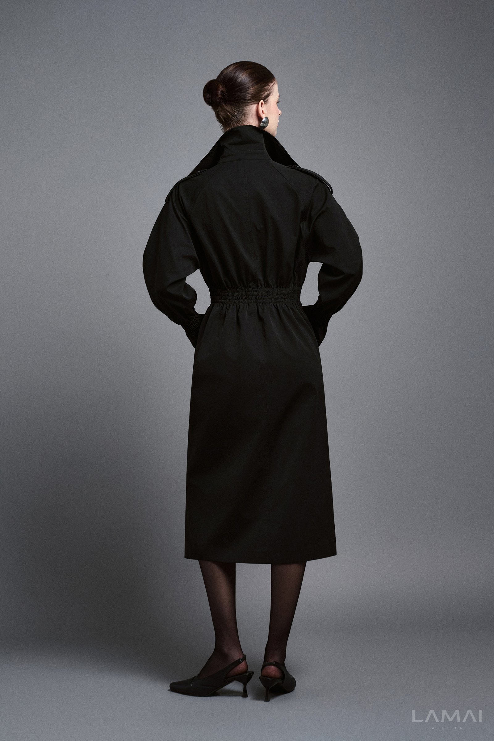 Arden Straight Patch Pocket Khaki Silk Knee-length Trench Coat - Image 6