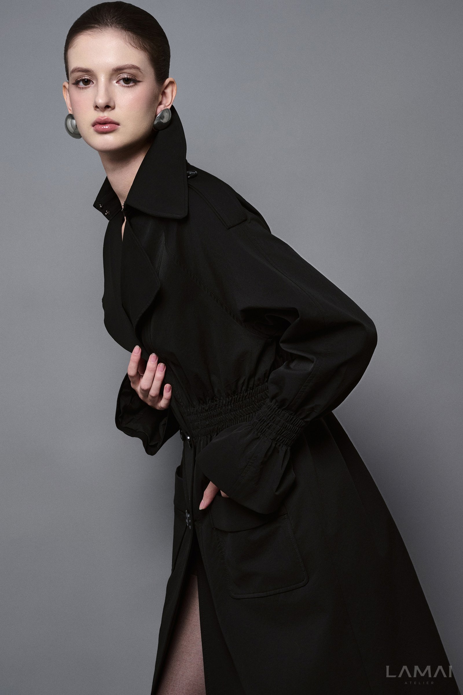 Arden Straight Patch Pocket Khaki Silk Knee-length Trench Coat - Image 3