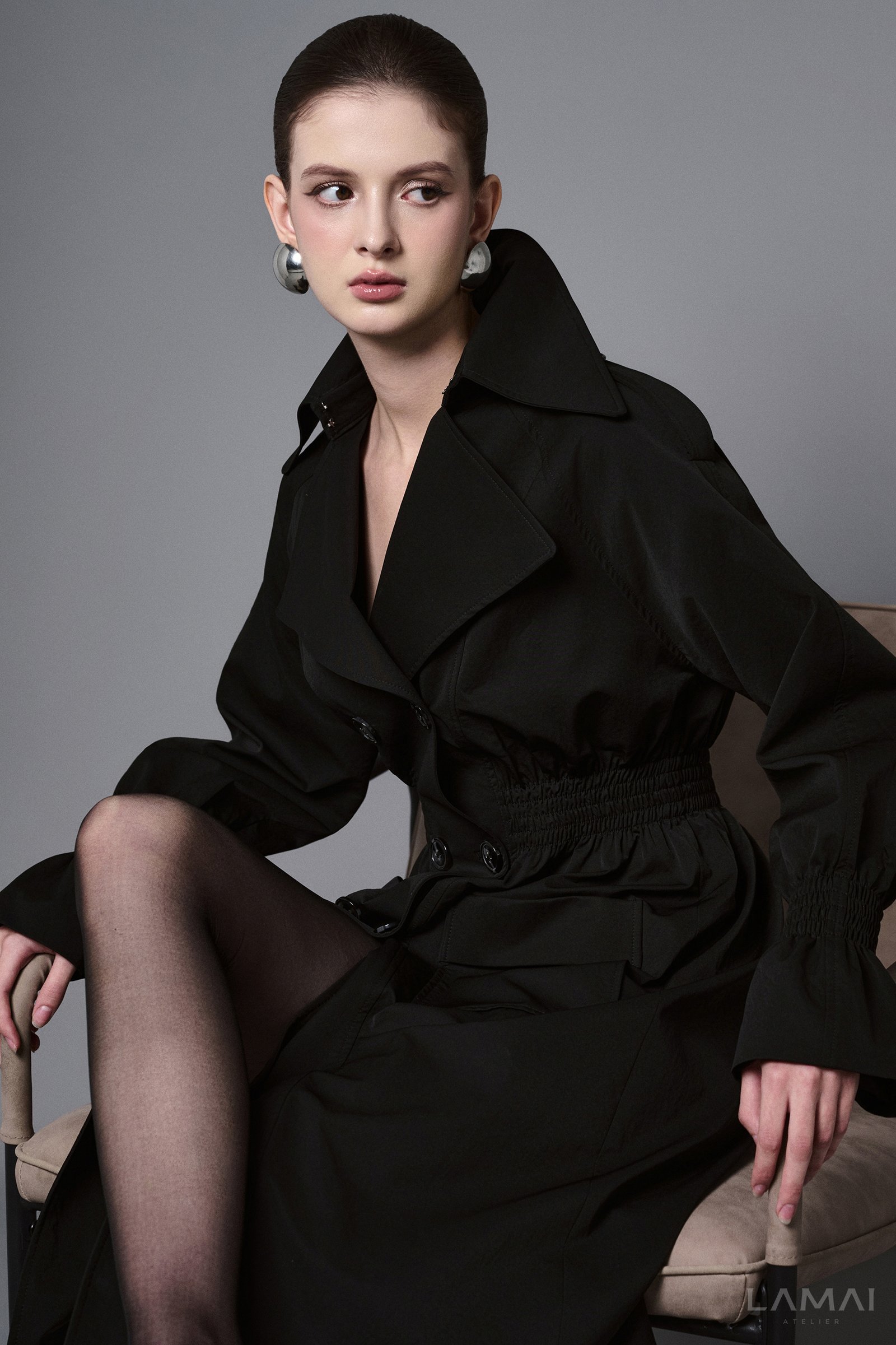 Arden Straight Patch Pocket Khaki Silk Knee-length Trench Coat - Image 4