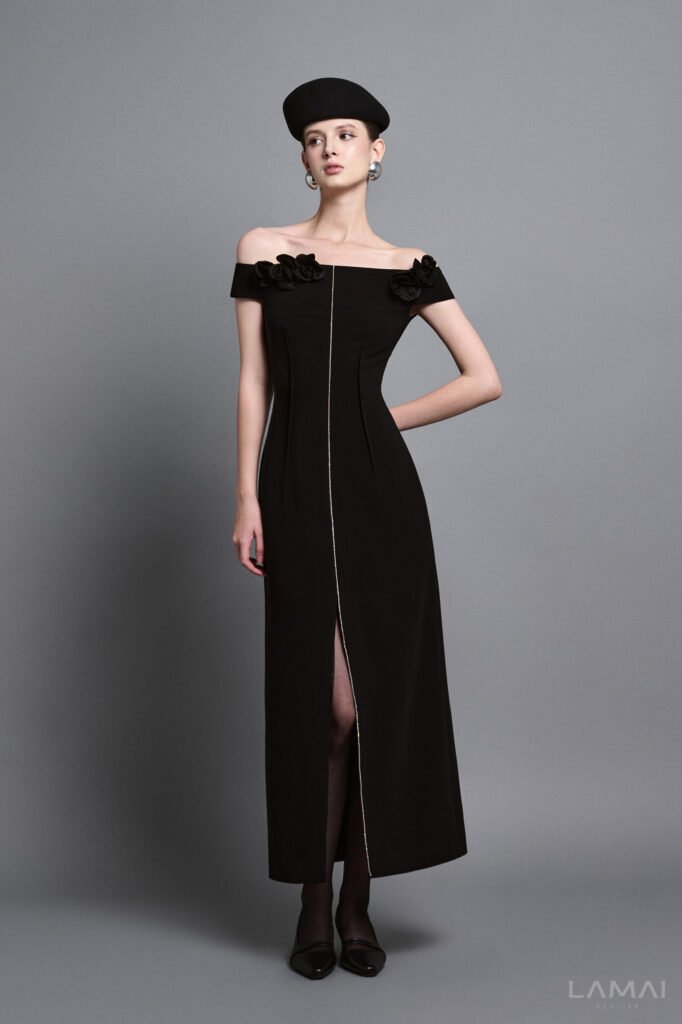 Evel Sheath Off-Shoulder Twill Midi Dress