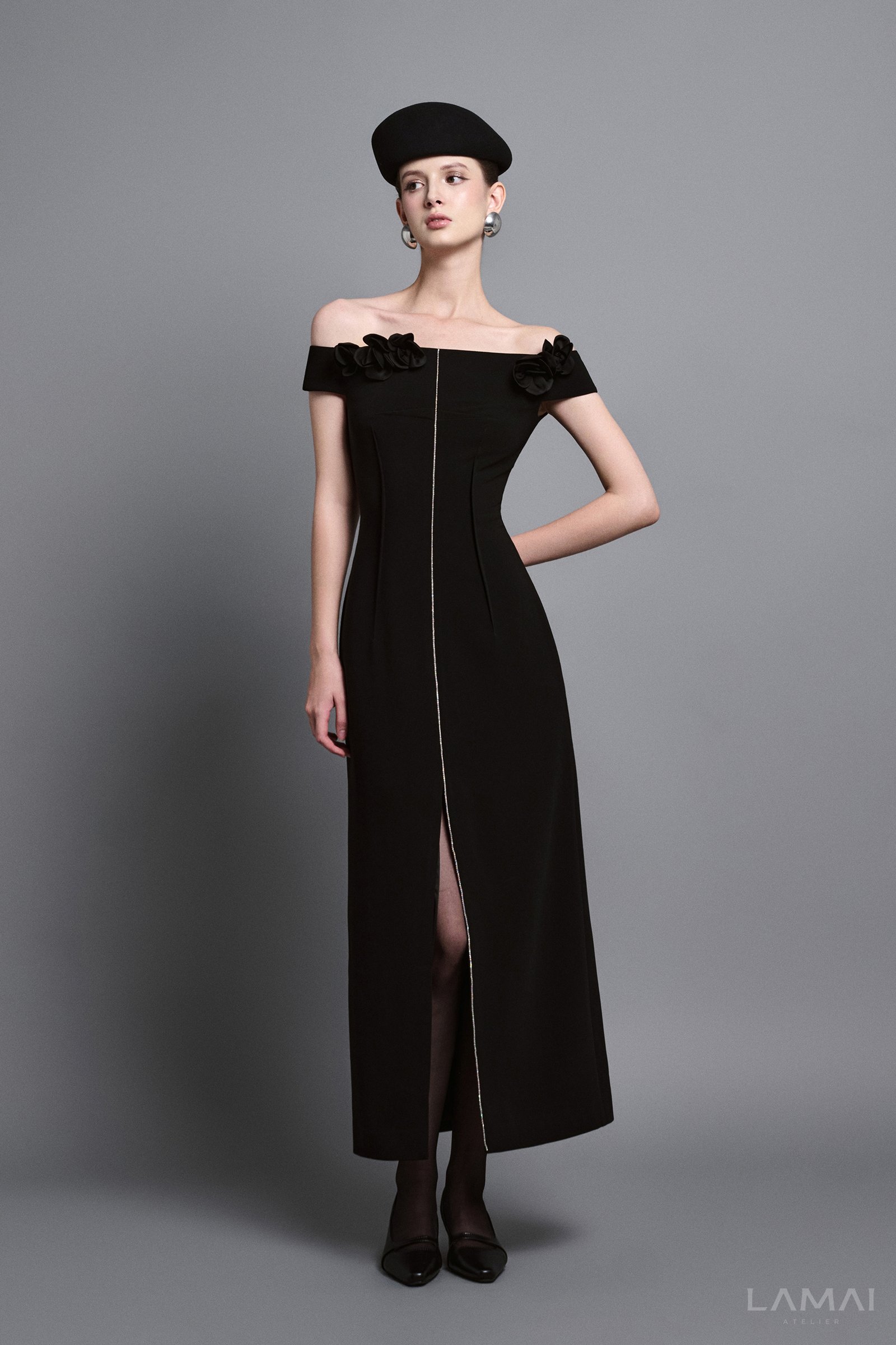 Evel Sheath Off-Shoulder Twill Midi Dress