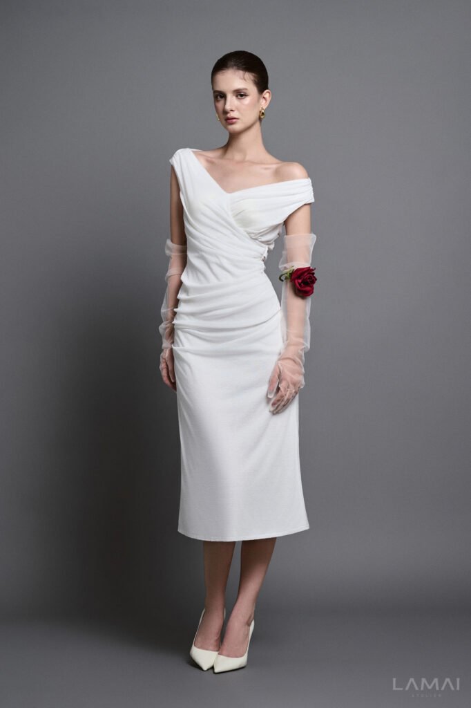 Ames Sheath Draped Cotton Midi Dress