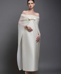 Solenne Straight Cape Sleeved Taffeta Maxi Dress