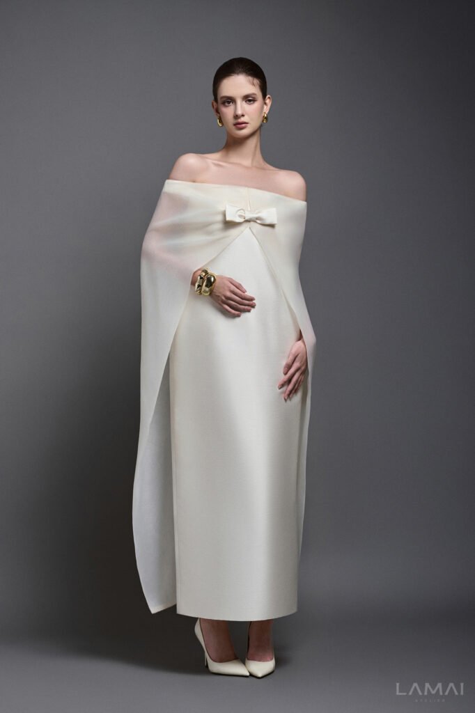 Solenne Straight Cape Sleeved Taffeta Maxi Dress